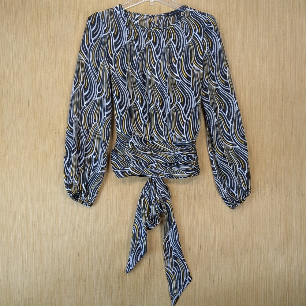 White House Black Market Abstract Avant Garde Career Chic Smocked Blouse 4 Black